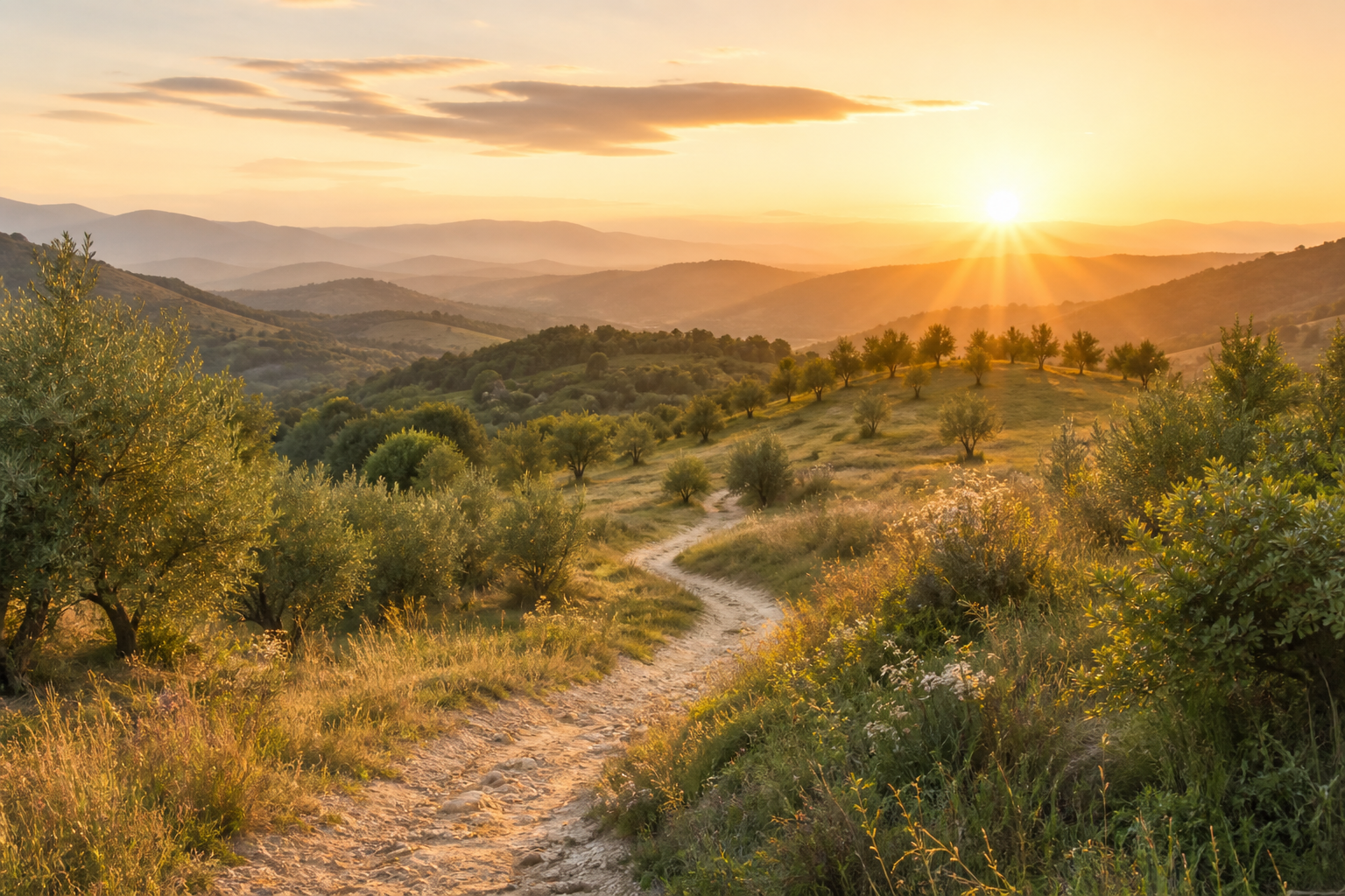 Chemin lumineux dans la nature provençale au lever du soleil, symbolisant le coaching de vie