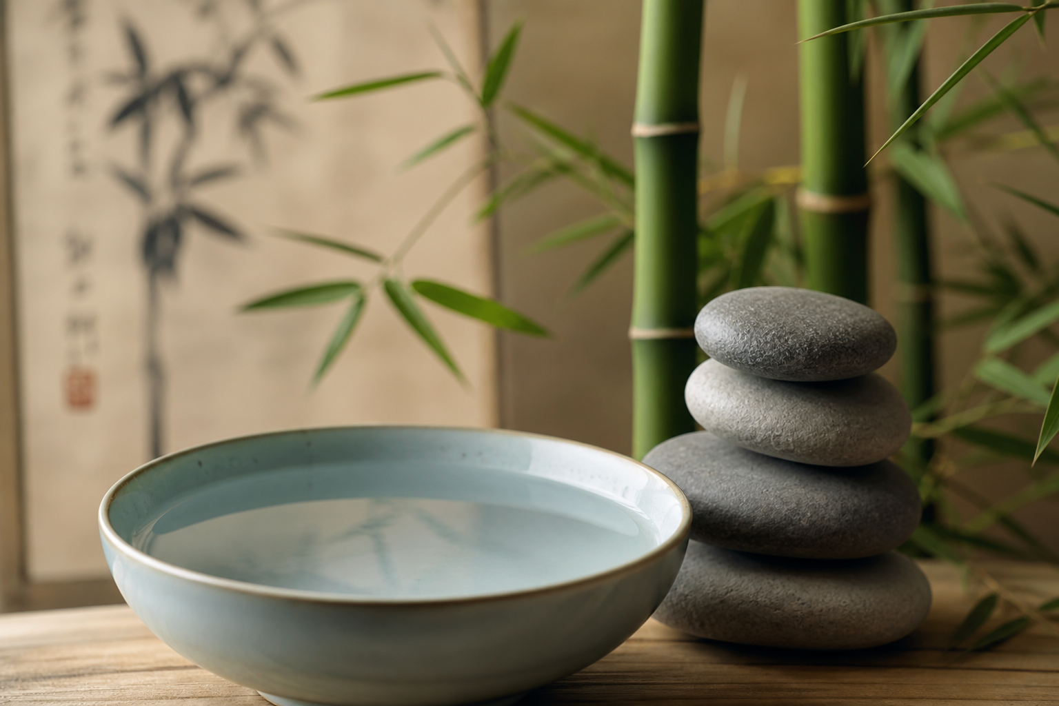 Ambiance zen de médecine chinoise : galets, bambou et bol d'eau